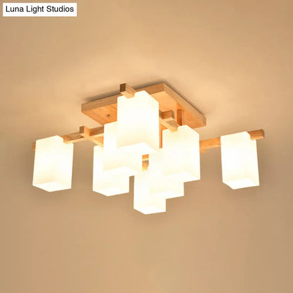 DecorBites™ Modern Wood Living Room Semi Flush Mount Chandelier with White Glass Shade - Square Design