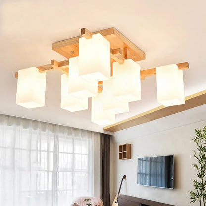 DecorBites™ Modern Wood Living Room Semi Flush Mount Chandelier with White Glass Shade - Square Design