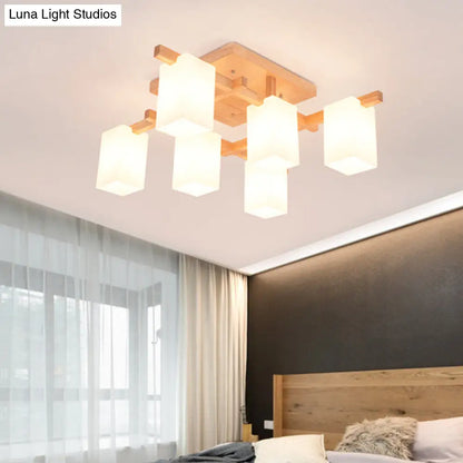 DecorBites™ Modern Wood Living Room Semi Flush Mount Chandelier with White Glass Shade - Square Design