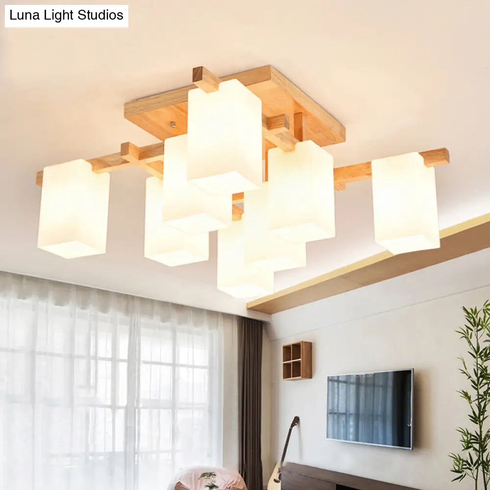 DecorBites™ Modern Wood Living Room Semi Flush Mount Chandelier with White Glass Shade - Square Design