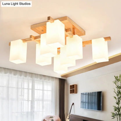 DecorBites™ Modern Wood Living Room Semi Flush Mount Chandelier with White Glass Shade - Square Design