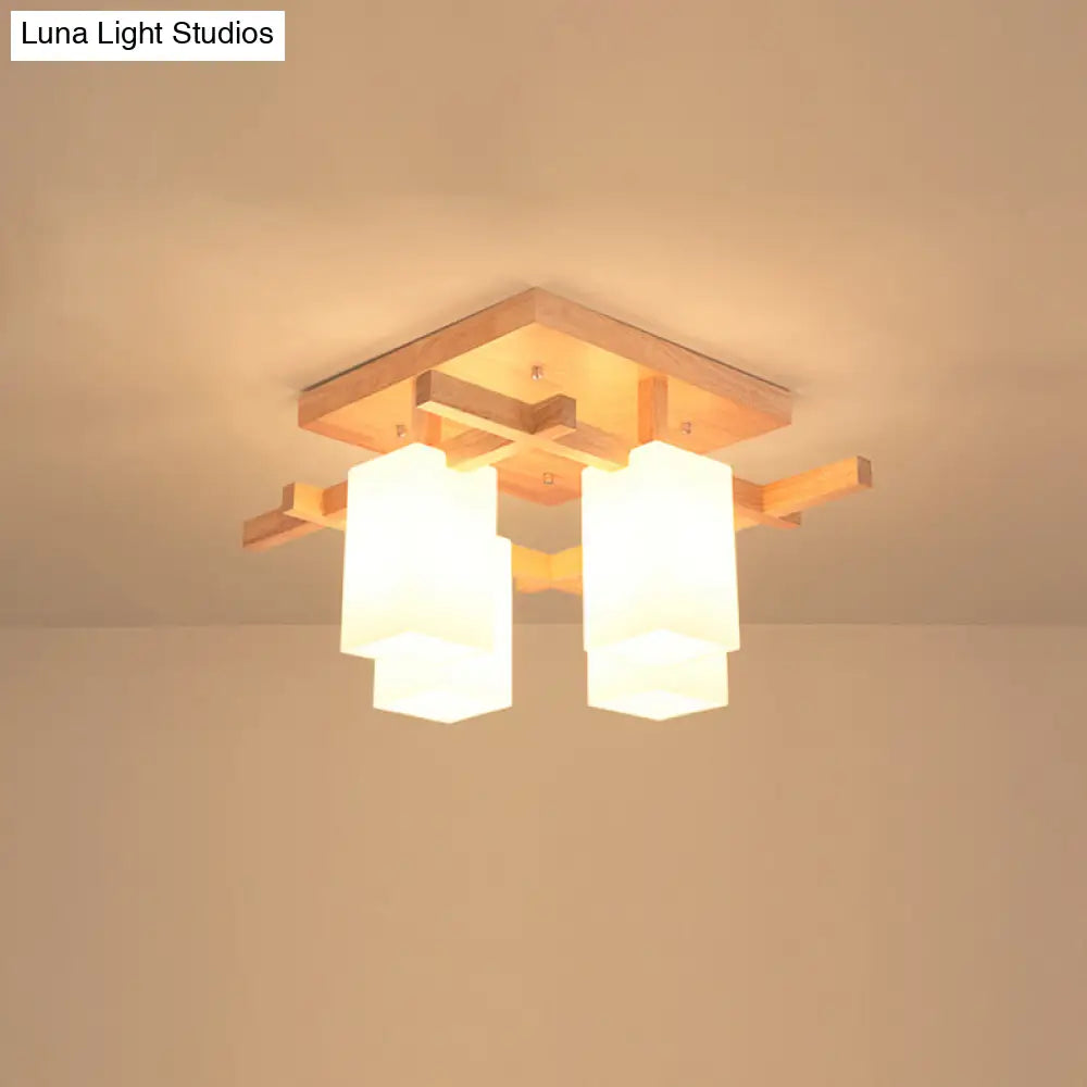 DecorBites™ Modern Wood Living Room Semi Flush Mount Chandelier with White Glass Shade - Square Design