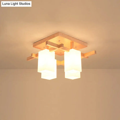 DecorBites™ Modern Wood Living Room Semi Flush Mount Chandelier with White Glass Shade - Square Design