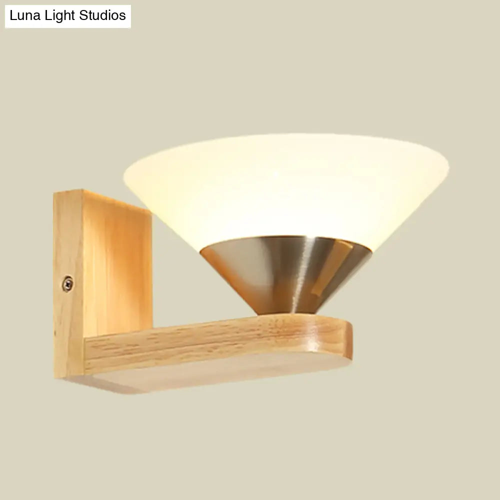 DecorBites™ Modern Wood & Nickel Wall Sconce with Cone White Glass Shade- 1 Bulb Bedside Wall Light Fixture