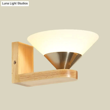 DecorBites™ Modern Wood & Nickel Wall Sconce with Cone White Glass Shade- 1 Bulb Bedside Wall Light Fixture