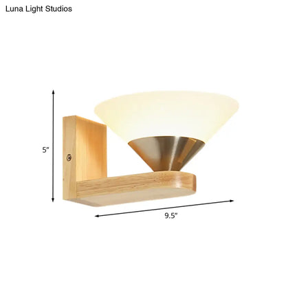 DecorBites™ Modern Wood & Nickel Wall Sconce with Cone White Glass Shade- 1 Bulb Bedside Wall Light Fixture