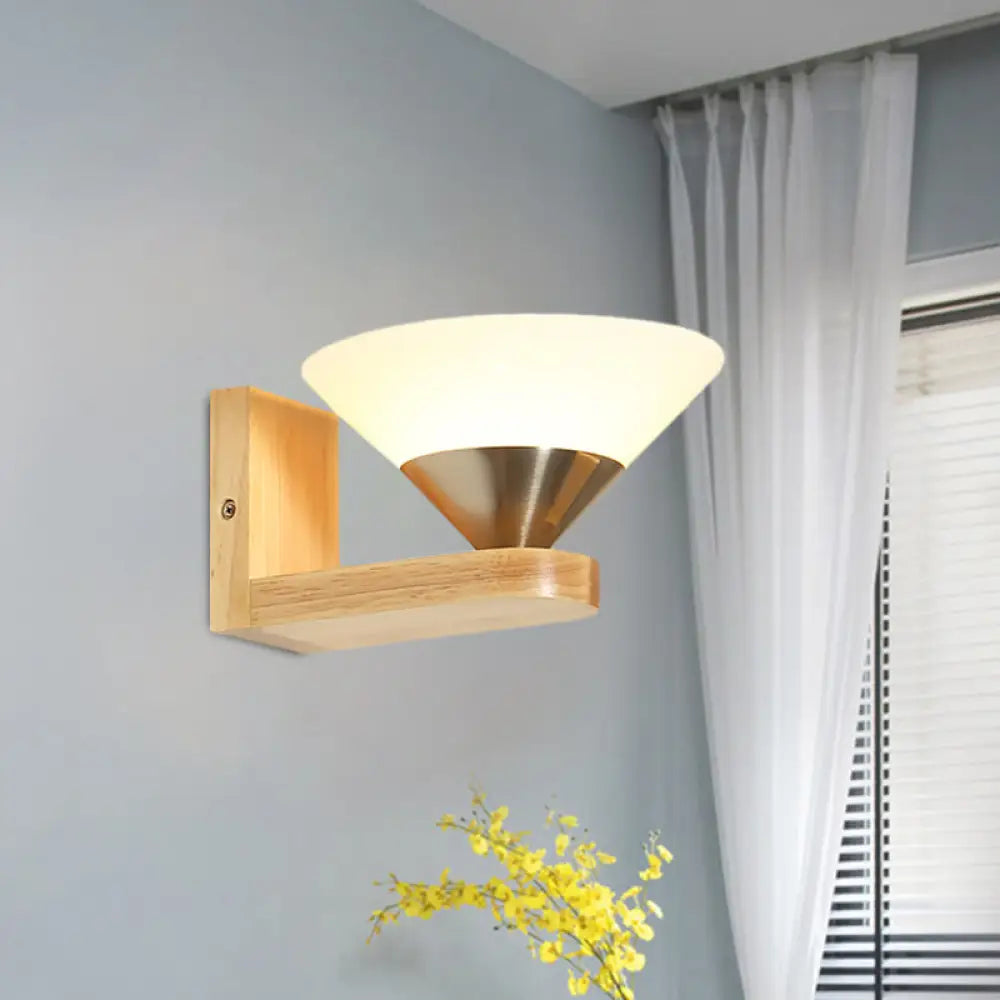 DecorBites™ Modern Wood & Nickel Wall Sconce with Cone White Glass Shade- 1 Bulb Bedside Wall Light Fixture