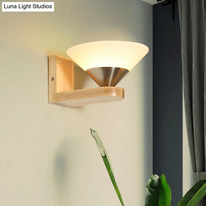 DecorBites™ Modern Wood & Nickel Wall Sconce with Cone White Glass Shade- 1 Bulb Bedside Wall Light Fixture
