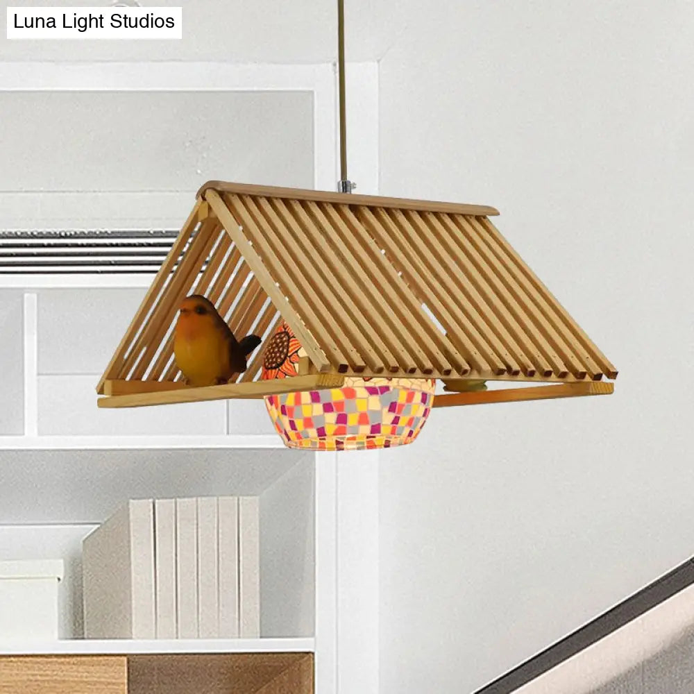 DecorBites™ Modern Wood Pendant Light in Roof Shape, Beige Hanging Fixture, 16"/19.5" Width