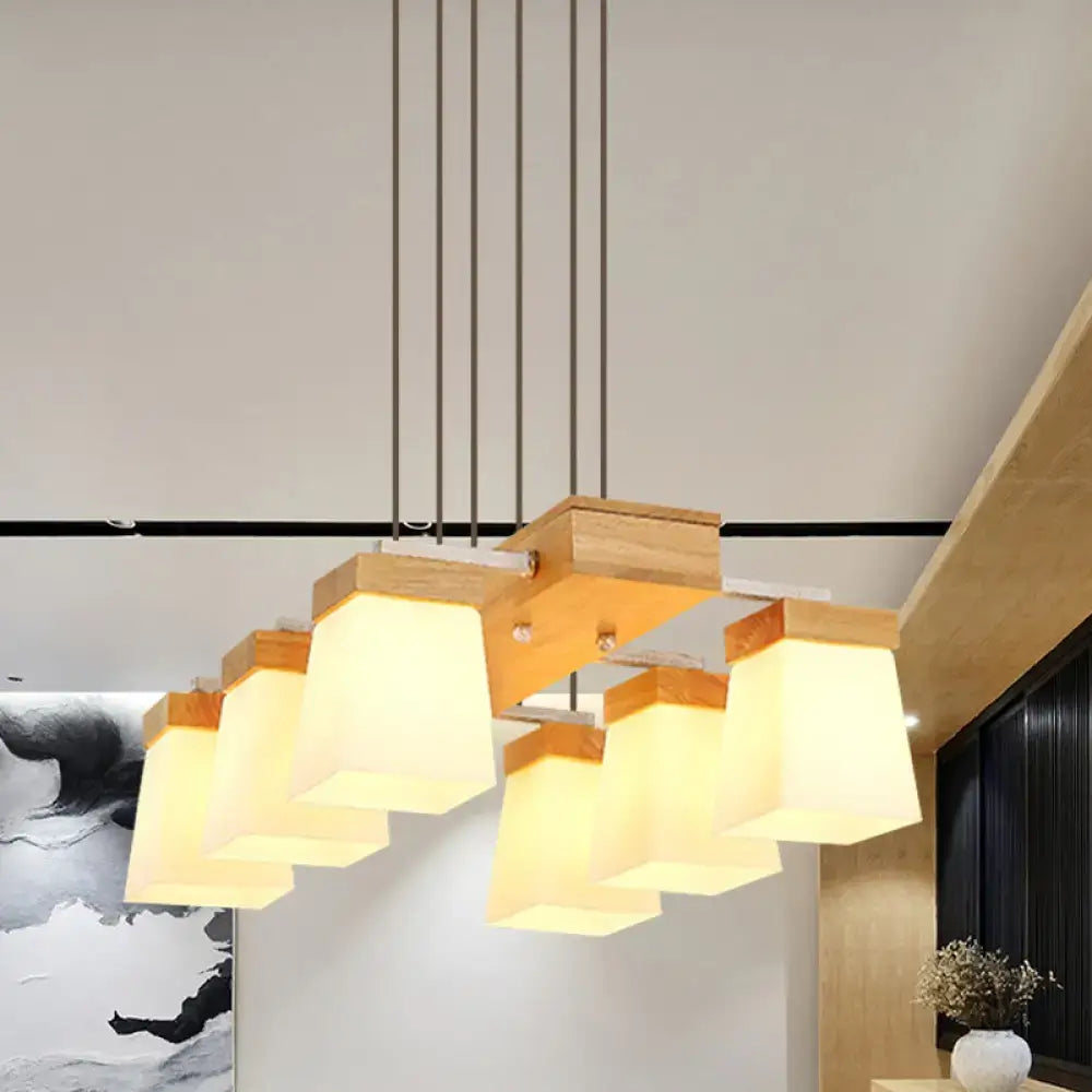 Modern wood shelf dining room pendant with white frosted glass