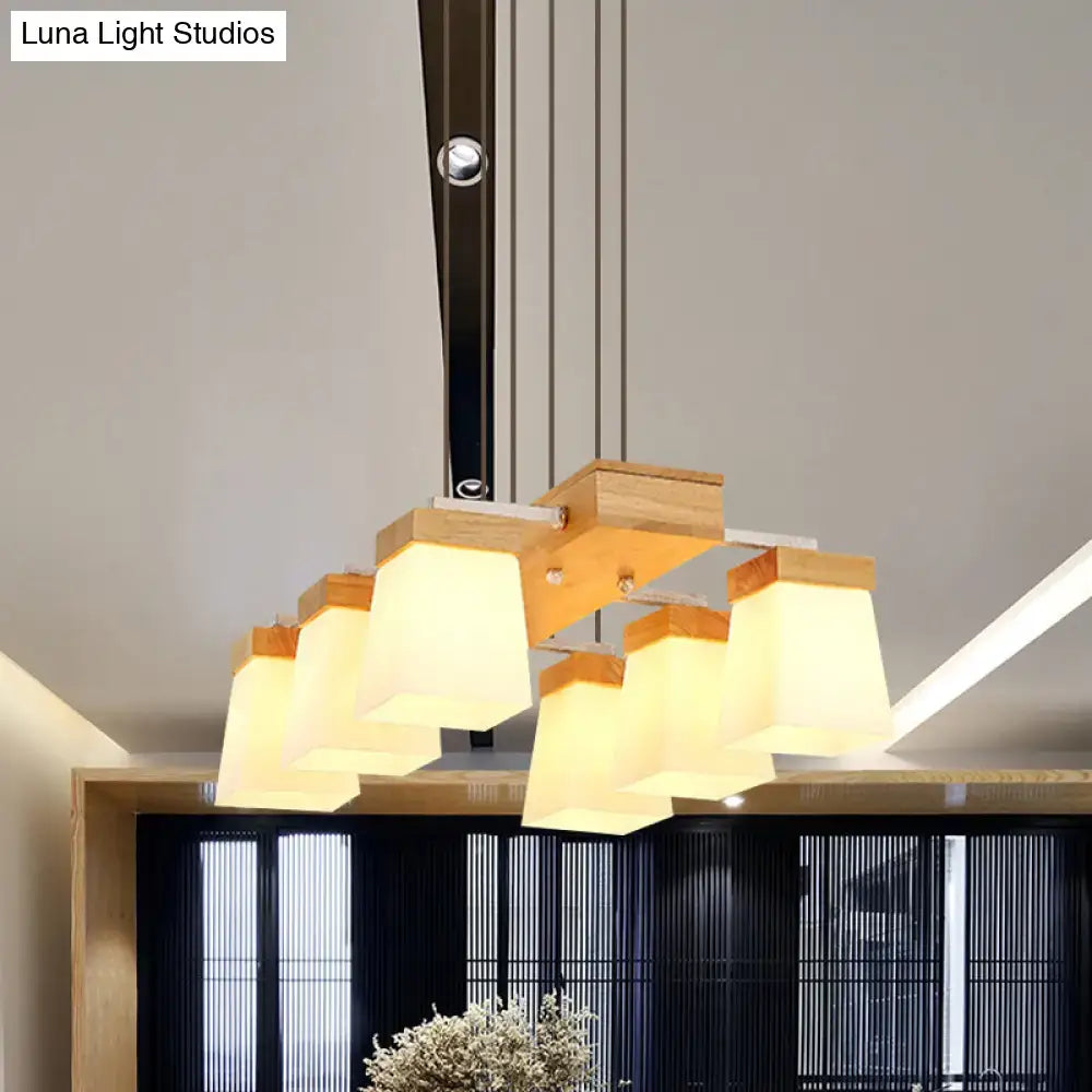 Modern wood shelf dining room pendant with white frosted glass