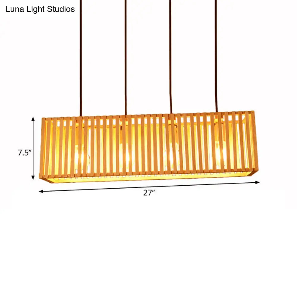 Modern wood slatted wide linear hanging light for dining room
