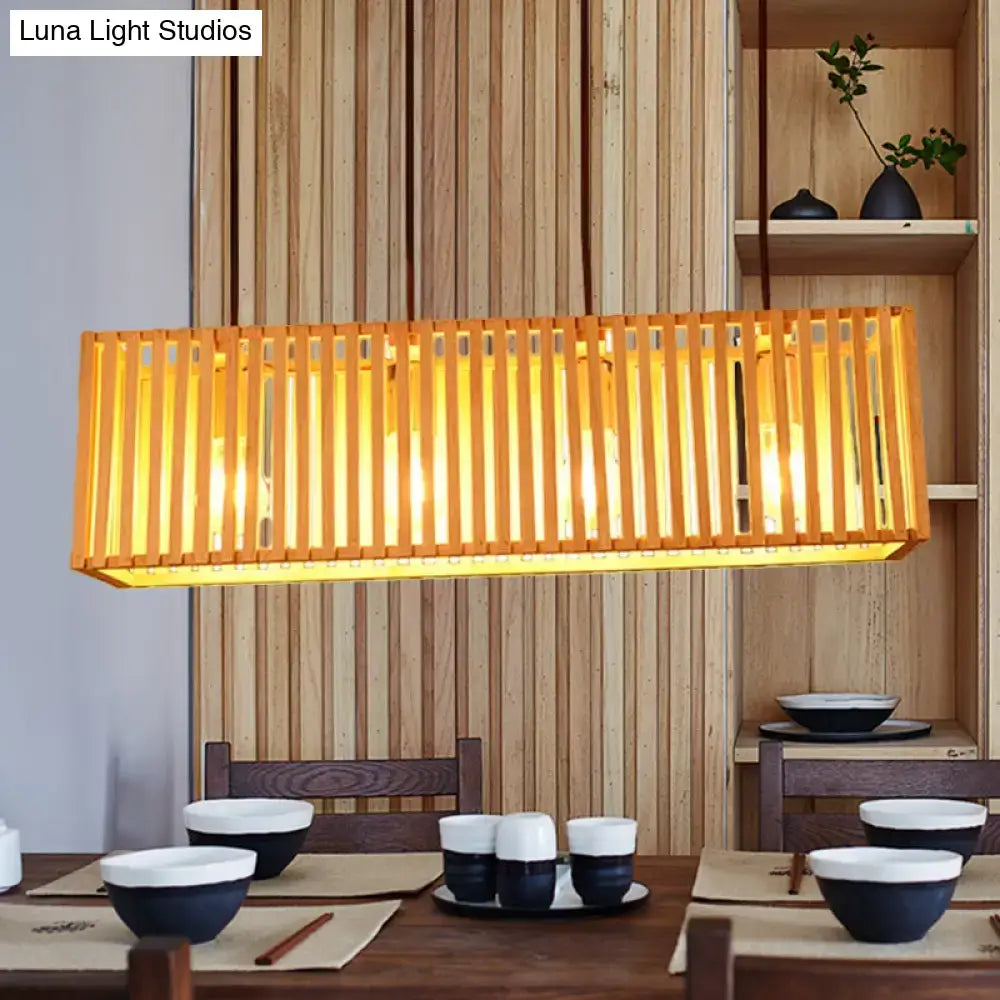 Modern wood slatted wide linear hanging light for dining room