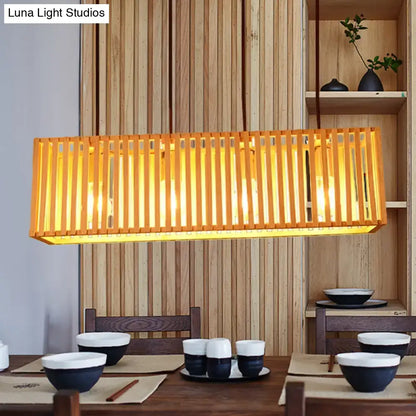 Modern wood slatted wide linear hanging light for dining room