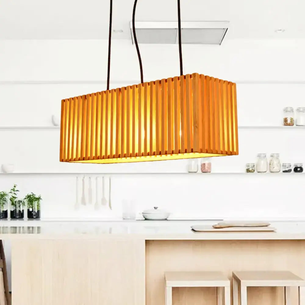 Modern wood slatted wide linear hanging light for dining room