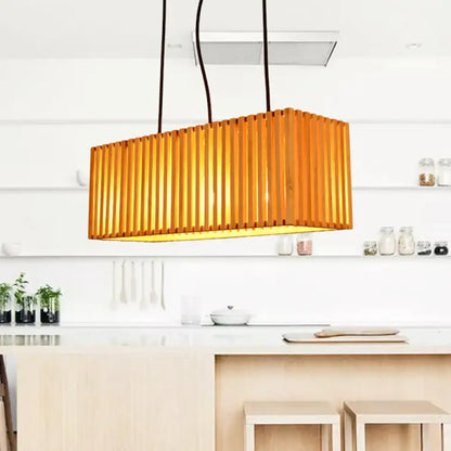 Modern wood slatted wide linear hanging light for dining room