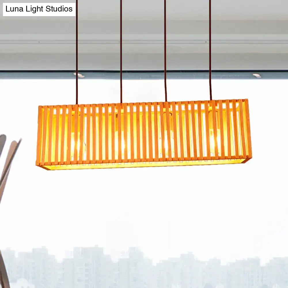 Modern wood slatted wide linear hanging light for dining room
