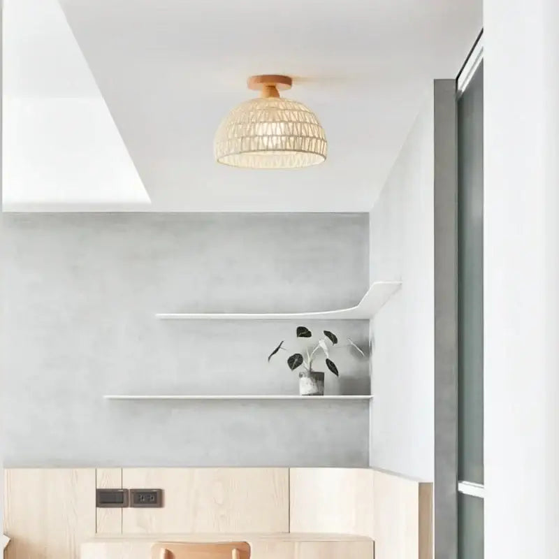 Modern woven beige led wicker wood ceiling lights hallway