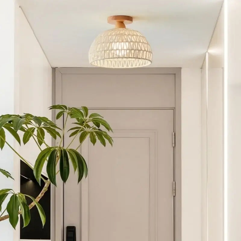 Modern woven beige led wicker wood ceiling lights hallway