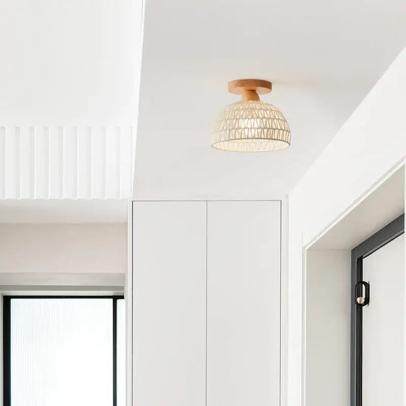 Modern woven beige led wicker wood ceiling lights hallway