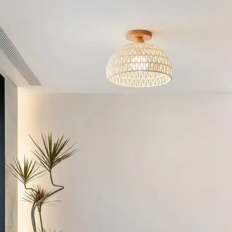 Modern woven beige led wicker wood ceiling lights hallway