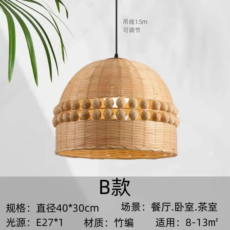 Modern zen bamboo weave pendant light with beads for dining room