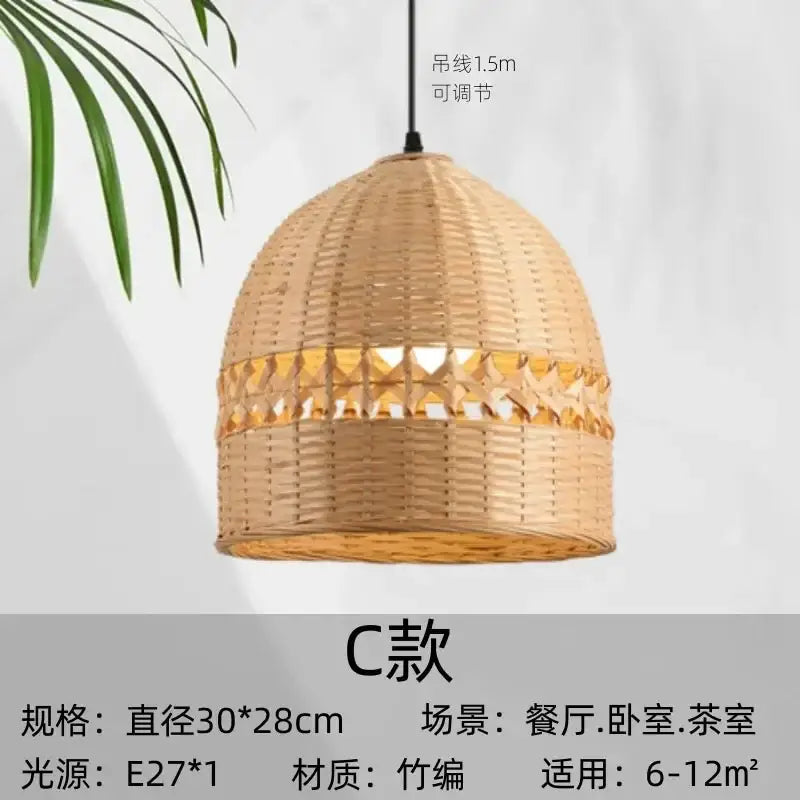 Modern zen bamboo weave pendant light with beads for dining room
