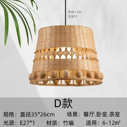 Modern zen bamboo weave pendant light with beads for dining room