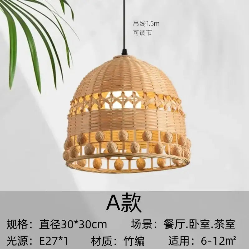 Modern zen bamboo weave pendant light with beads for dining room