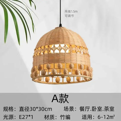 Modern zen bamboo weave pendant light with beads for dining room