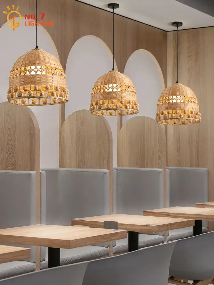 Modern zen bamboo weave pendant light with beads for dining room