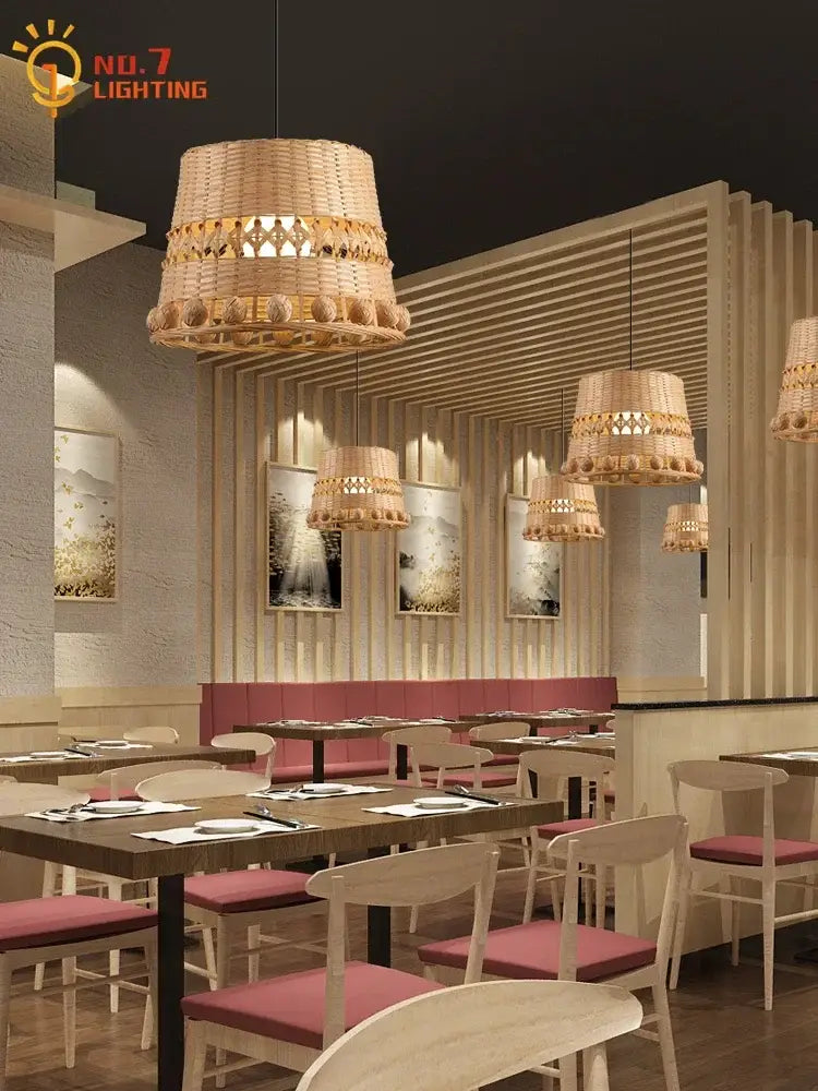 Modern zen bamboo weave pendant light with beads for dining room