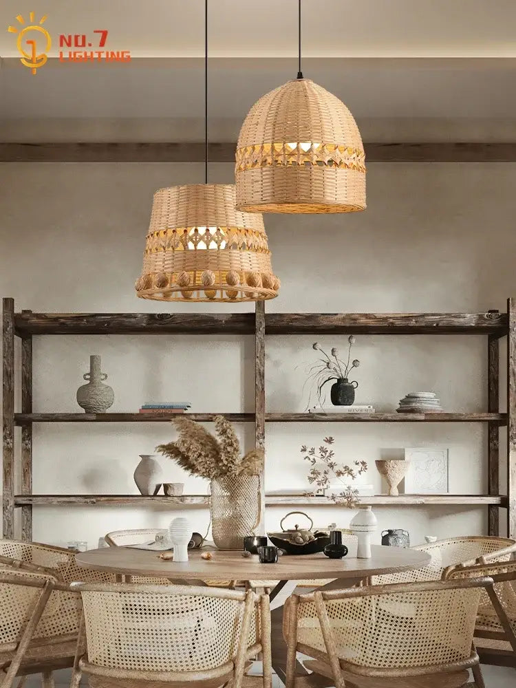 Modern zen bamboo weave pendant light with beads for dining room