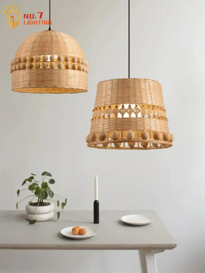 Modern zen bamboo weave pendant light with beads for dining room
