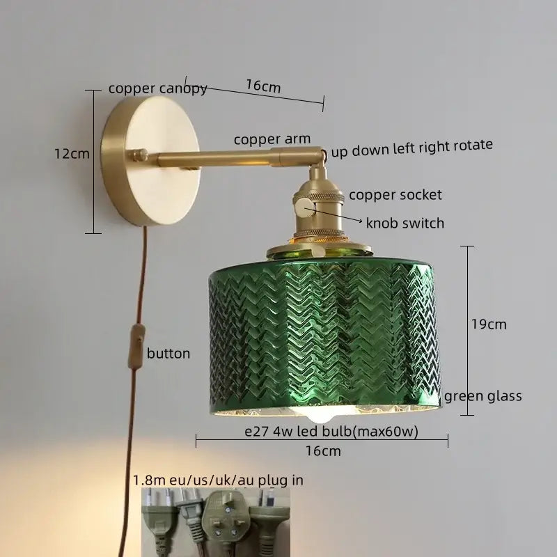 Modern zigzag green glass led wall lamp bedroom brass light