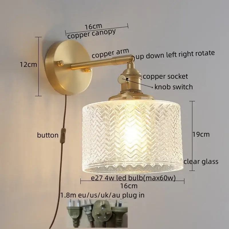 Modern zigzag green glass led wall lamp bedroom brass light