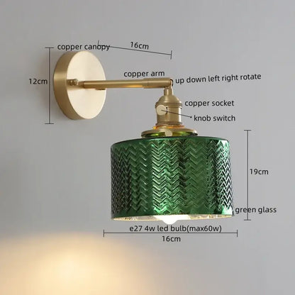 Modern zigzag green glass led wall lamp bedroom brass light