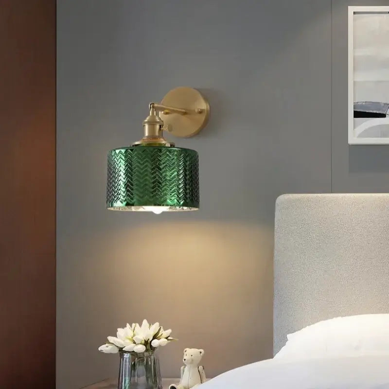 Modern zigzag green glass led wall lamp bedroom brass light