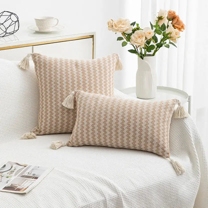 Modern zigzag jacquard woven cushion cover set living room tassels