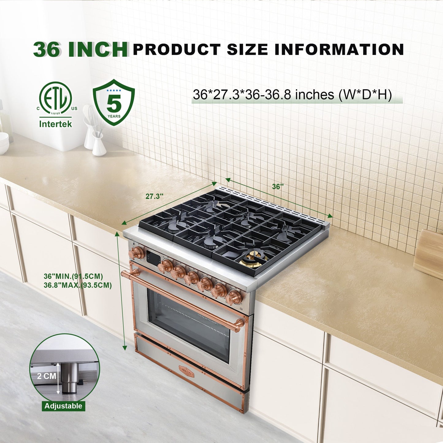 36 Inch Freestanding Custom Gas Range with 6 Sealed Burners Cooktop, Rapid Convection Oven, Natural Gas/LP Convertible - AK-G36N05A-3