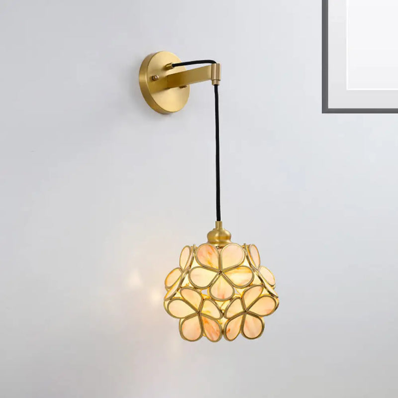 DecorBites™ Modernist 1-Bulb Bedside Sconce Light: Brass Floral Ball Wall Lamp with Glass Shades (Pink/Clear/Light Pink)