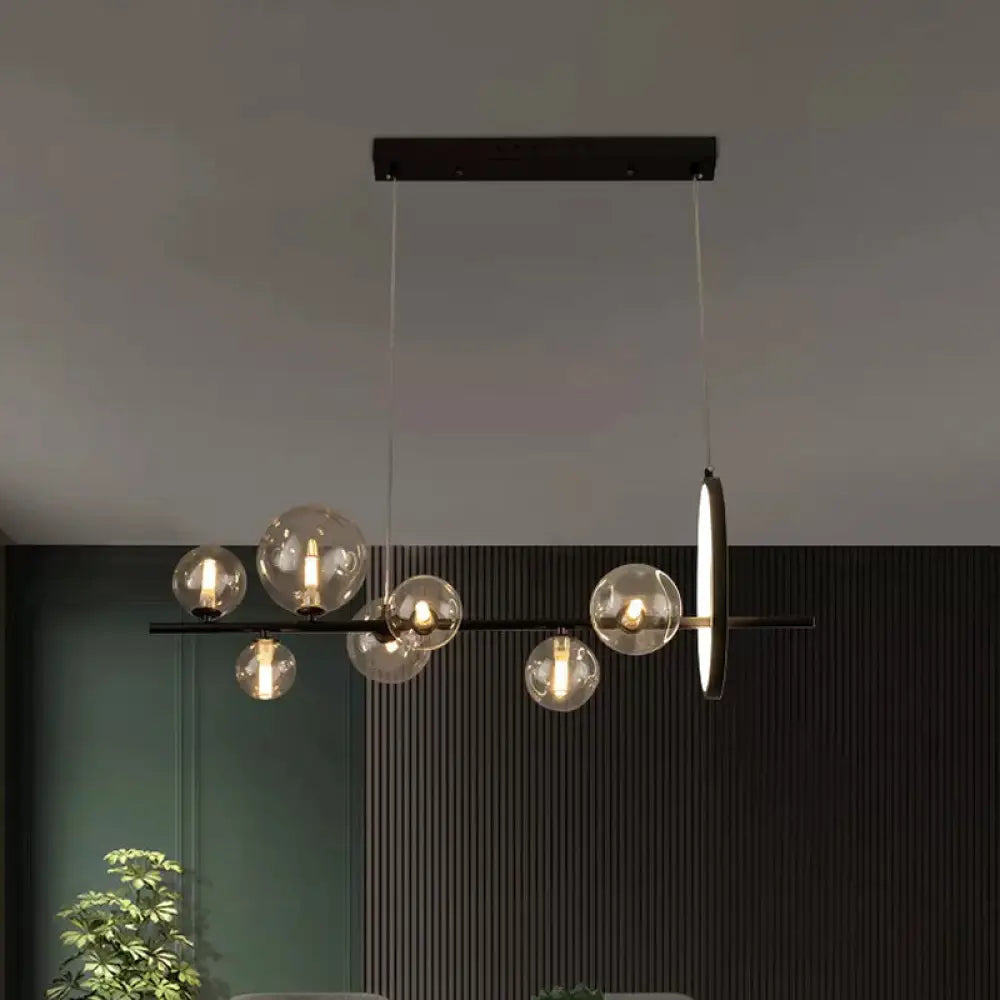 DecorBites™ Modernist 7-Bulb Glass Island Light for Restaurants - Hanging Pendant with Transparent Ball Shades and Black Finish