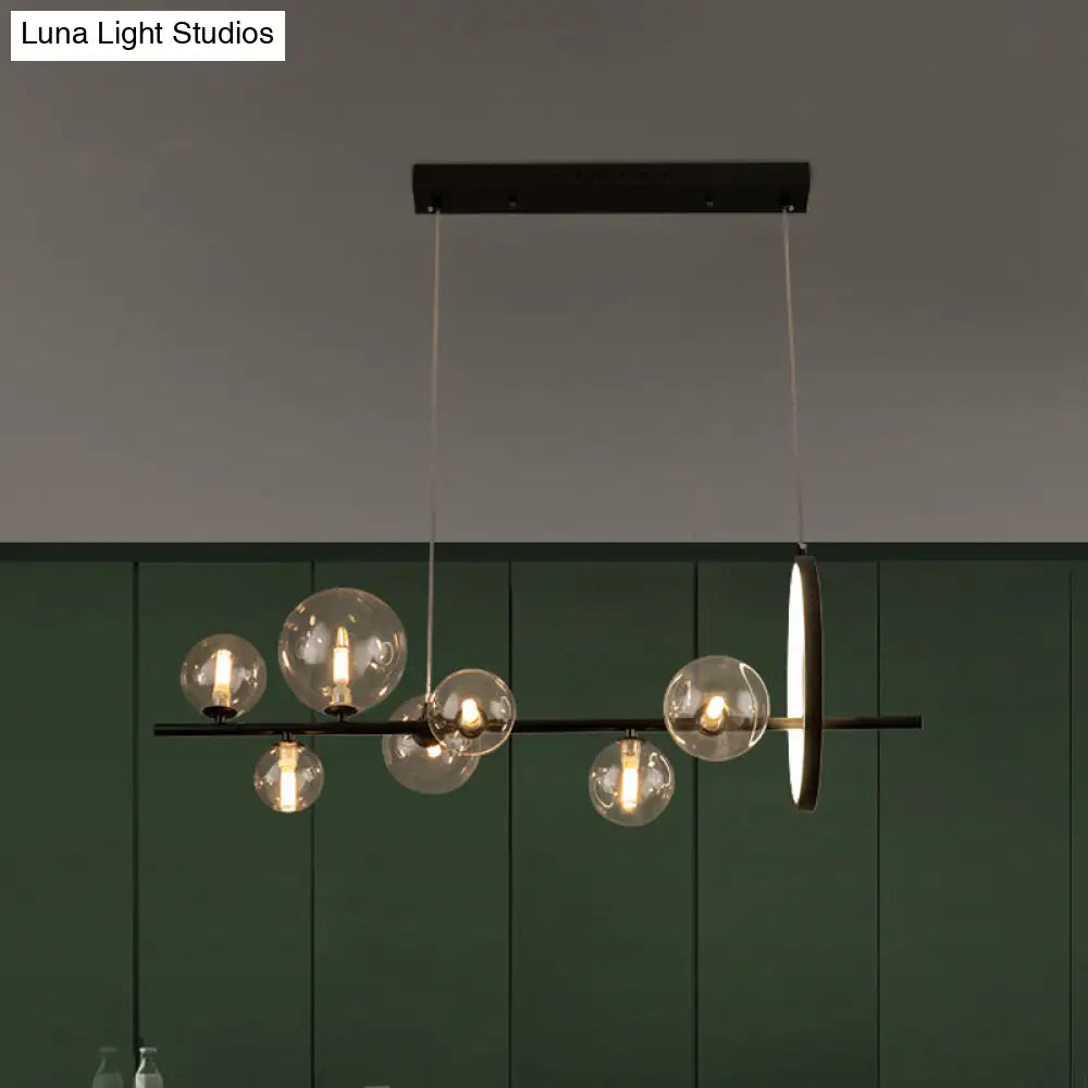 DecorBites™ Modernist 7-Bulb Glass Island Light for Restaurants - Hanging Pendant with Transparent Ball Shades and Black Finish