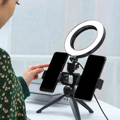 Modernist black led ring light with mobile phone support bedroom lamp