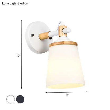 Modernist black & wood wall lamp with cream glass shade bedroom light