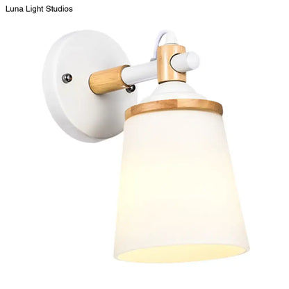 Modernist black & wood wall lamp with cream glass shade bedroom light