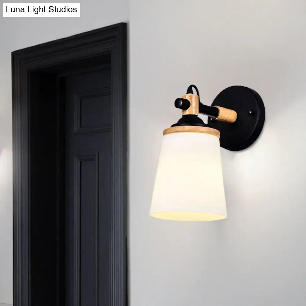 Modernist black & wood wall lamp with cream glass shade bedroom light
