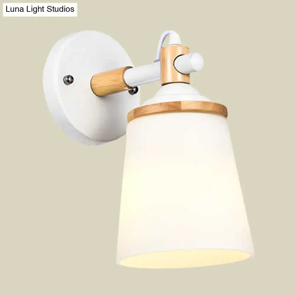 Modernist black & wood wall lamp with cream glass shade bedroom light