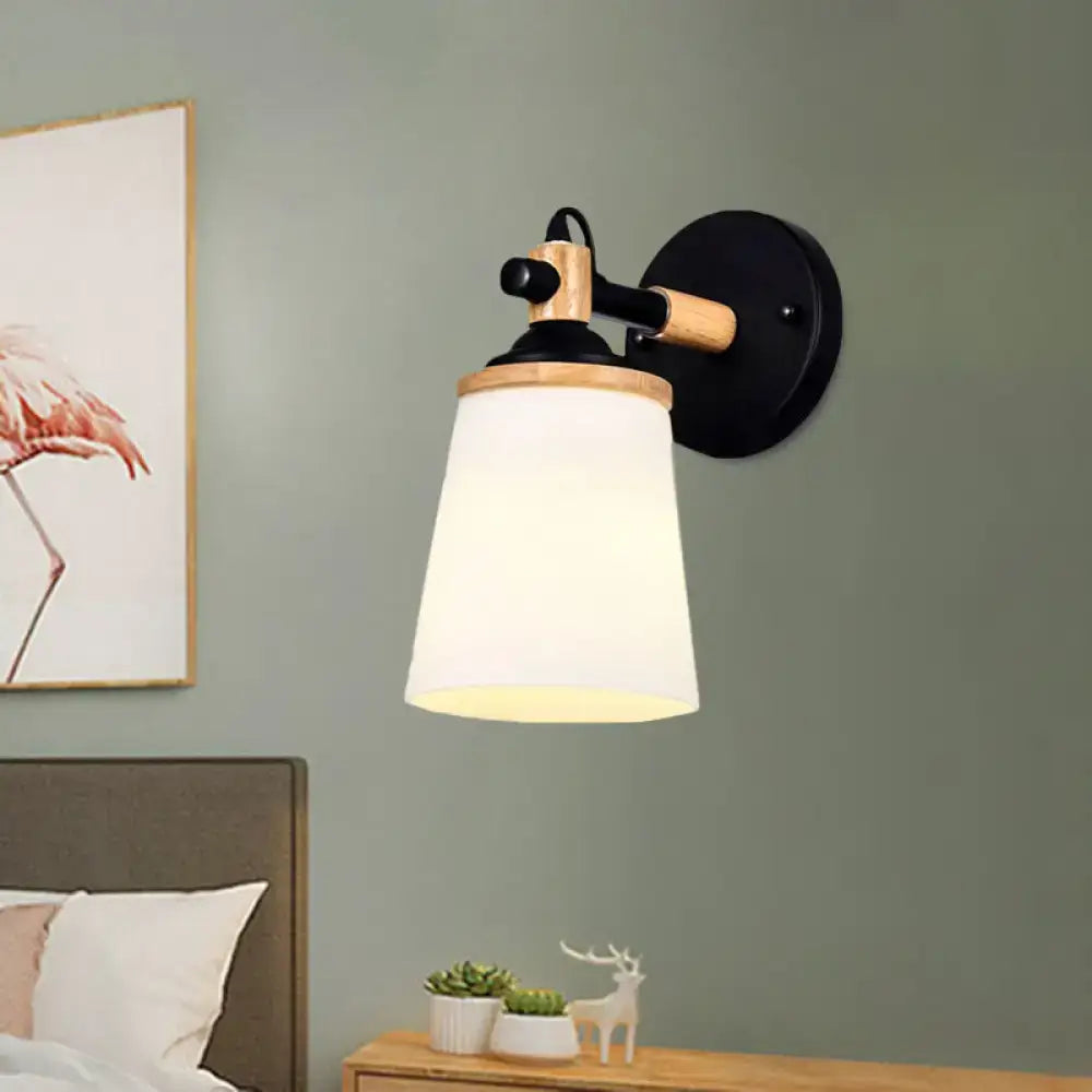 Modernist black & wood wall lamp with cream glass shade bedroom light
