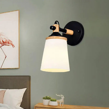 Modernist black & wood wall lamp with cream glass shade bedroom light
